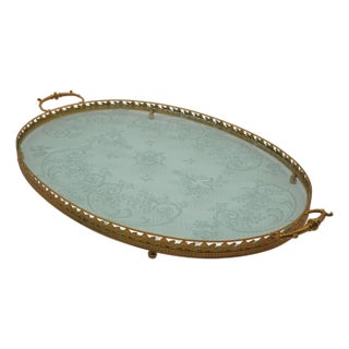 French Style Fine Etched Glass & Brass Serving Tray For Sale