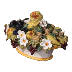 Mid-Century French Hand Painted Barbotine Ceramic Fruit Basket Centerpiece