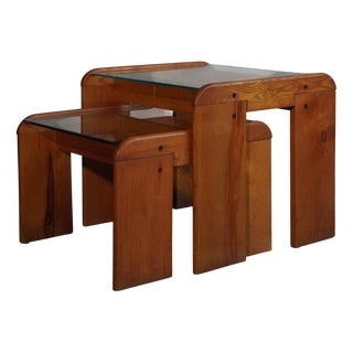 Coffee Table Set in Pine Wood and Glass by Afra & Tobia Scarpa, 1970s, Set of 2 For Sale