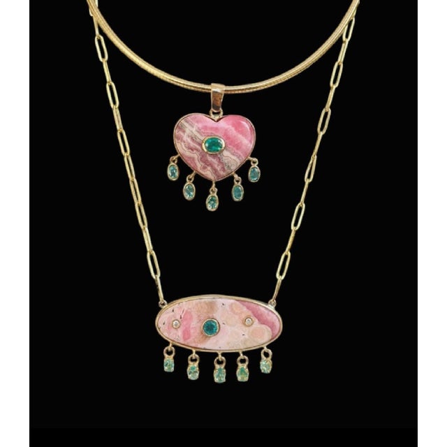 Large Rhodochrosite Heart Pendant With Emeralds & 14k Gold For Sale In New York - Image 6 of 14