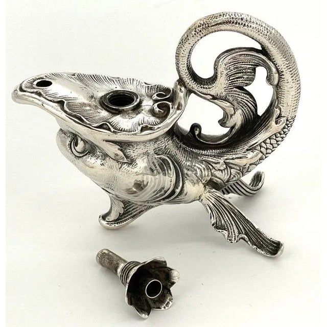 Late 19th Century Art Nouveau German Sterling Fantasy Fish Motif Oil Lamp/Cigar Lighter For Sale - Image 4 of 12