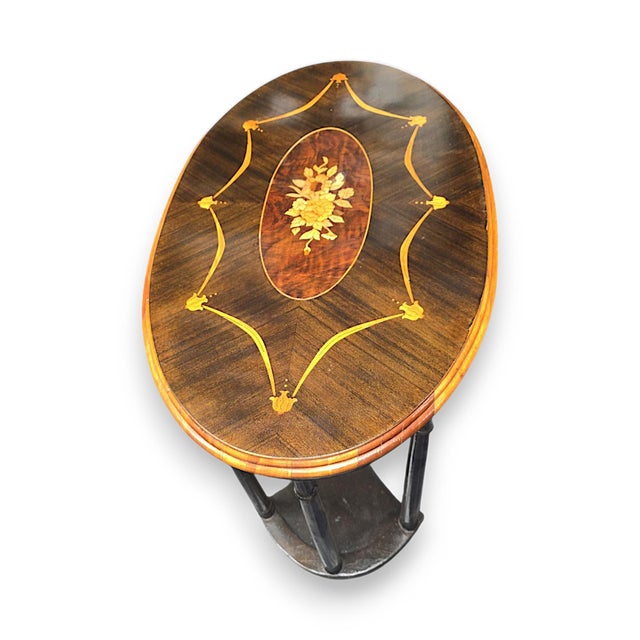 Lightly Refinished Antique Oval Accent Table With Floral Marquetry and Ebonized Legs For Sale - Image 4 of 7