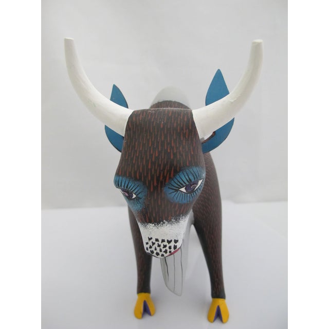 Alebrije Oaxaca Mexico Morales Folk Art Carved Wood Bull Figurine Sculpture For Sale - Image 4 of 11