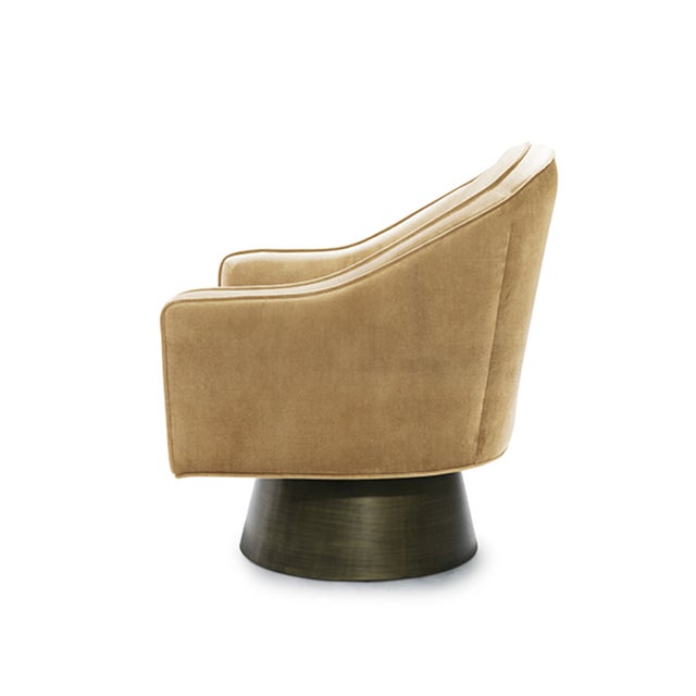 Worlds Away Matthew Izzo Home Dominic Camel Velvet Barrel Back Swivel Chair on Handpainted Brushed Bronze Base For Sale - Image 4 of 6