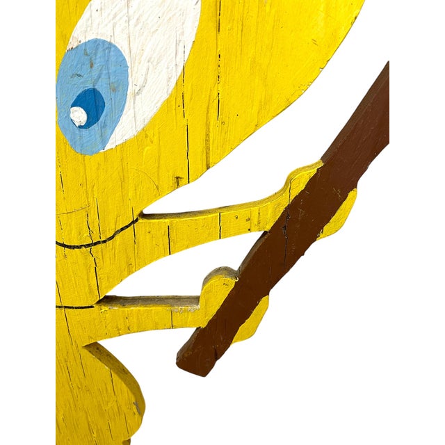 Yellow Vintage Hand-Painted Tweety Bird Wooden Cutout Sign With Mallet For Sale - Image 8 of 11