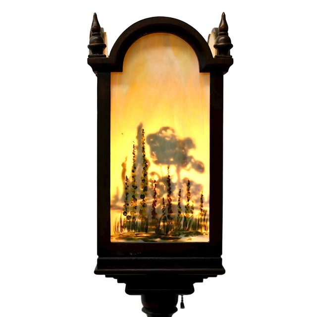 Gorgeous 20th-century Arts & Crafts torchiere hand painted art glass inserts. Lamp measurements: Top: 7.5"w x 7.5"d...