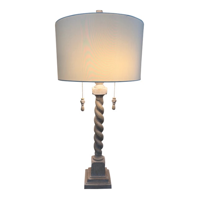 Late 20th Century Barley Twist Bleached Wood Table Lamp With Linen Drum Shade For Sale