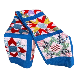 Vintage Handmade Blue Multi-Color Star Pattern Quilt