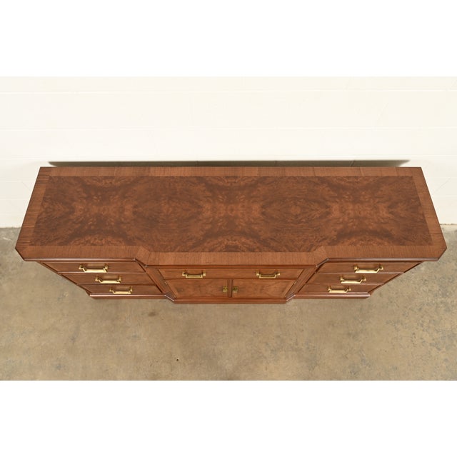 Wood Drexel Heritage Mid-Century Hollywood Regency Burl Wood Dresser or Credenza, Newly Refinished For Sale - Image 7 of 15