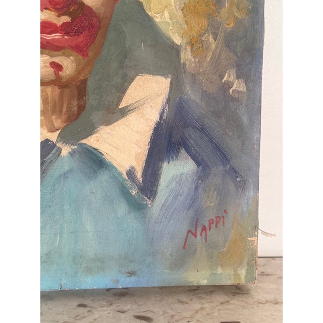 Blue 1960s Signed Original Oil Painting of a Somber Circus Clown in Blue For Sale - Image 8 of 12