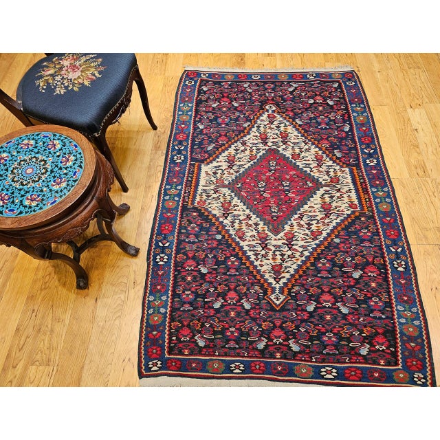 Textile Vintage Senneh Kilim Rug, Handwoven Wool & Cotton, Medallion Pattern, Navy & Ivory, 4x6 For Sale - Image 7 of 16