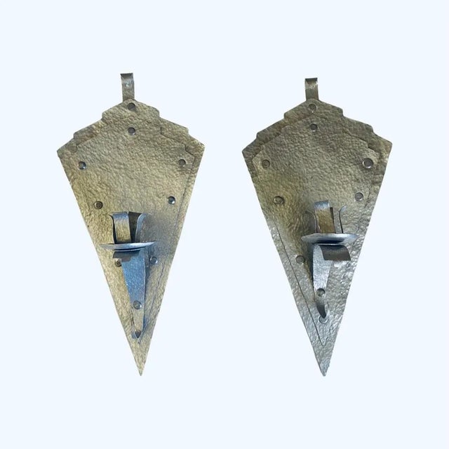 Pair of Vintage Hand Forged Tin Candle Sconces Circa 1990’s. In chevron and triangle shapes. A little bit gothic, and a...
