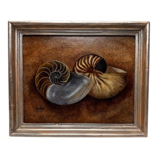 Vintage Coastal Nautilus Shells Realism Original Oil Framed Painting in Silver, Brown, Camel For Sale