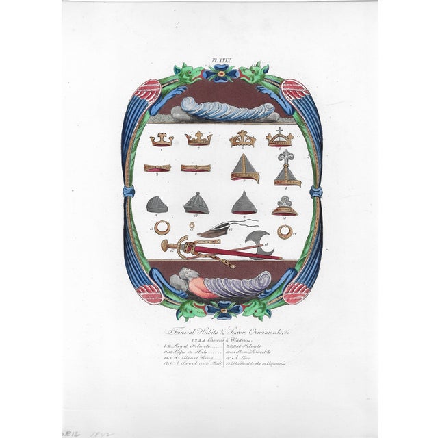 1842 hand colored engraving with gold paint from Joseph Strutt's (1749-1802) "A Complete View of the Dress and Habits of...