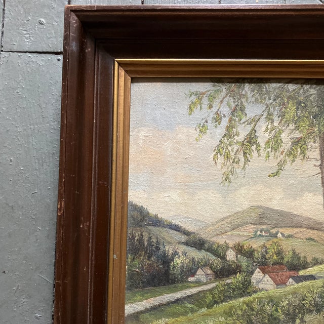 1940s original American hillside rustic painting. Framed. Painting measures 14x11 and overall with frame is 18x16.