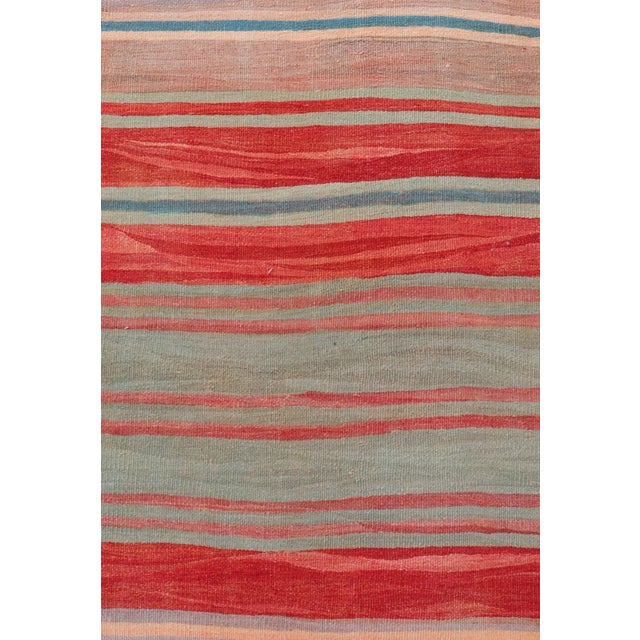 Mid 20th Century Vintage Turkish Kilim Runner With Stripes in Red Green Yellow and Multi Color For Sale - Image 4 of 12