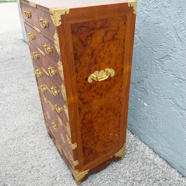 Vintage Chinese Brass and Burlwood Lingerie Armoire For Sale In West Palm - Image 6 of 10