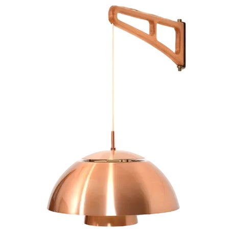 Danish Oak and Copper Wall Lamp, 1960s For Sale