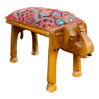Boho Chic Indian Carved Wood & Embroidered Textile Elephant Bench For Sale