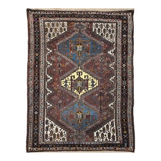 Vintage Persian Qashqai Tribal Area Rug, Handwoven Geometric Pattern, Rust Red & Ivory, 4’ X 6’ For Sale