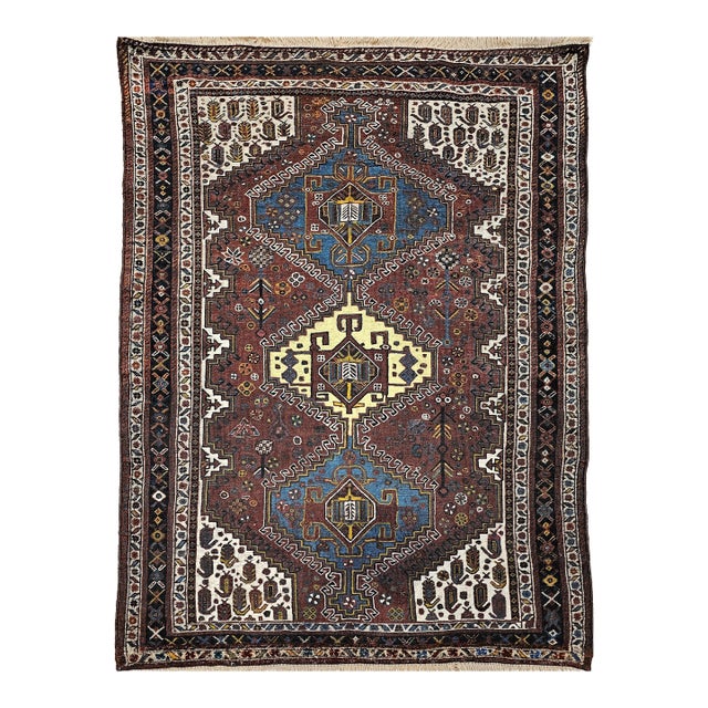 Vintage Persian Qashqai Tribal Area Rug, Handwoven Geometric Pattern, Rust Red & Ivory, 4’ X 6’ For Sale