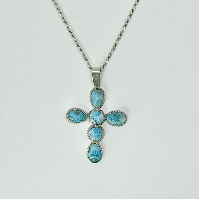 1970s Vintage Southwestern Boho Chic Religious Blue Larimar & Sterling Cross Pendant Necklace - 23” For Sale - Image 12 of 15