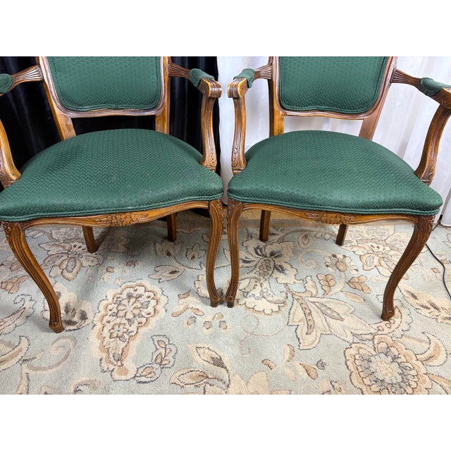 The Scholar’s Alcove: Dark Academia Library Desk & Jacquard Emerald Armchairs Suite For Sale - Image 10 of 11