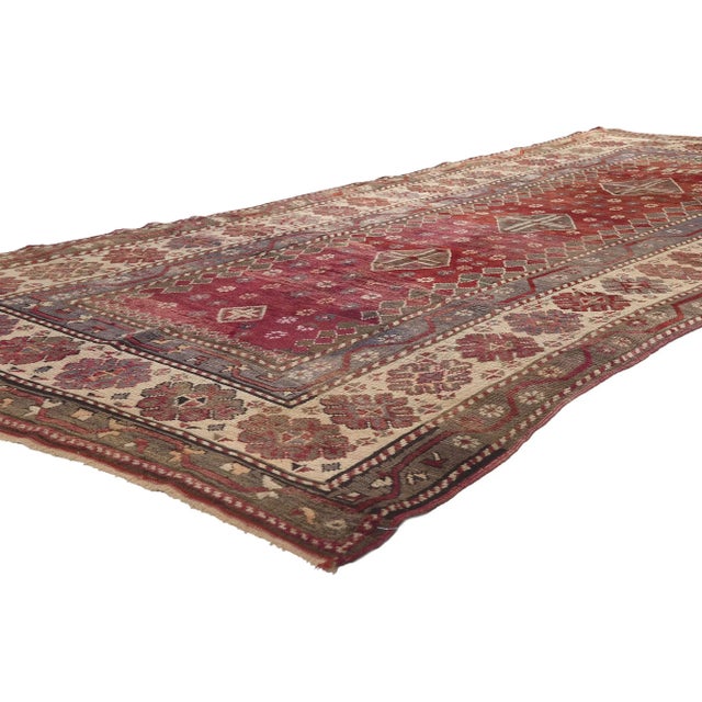 71469 Antique Caucasian Tribal Kurdish Rug, 04'07 x 11'00. Nomadic charm meets boho chic in this hand knotted wool antique...