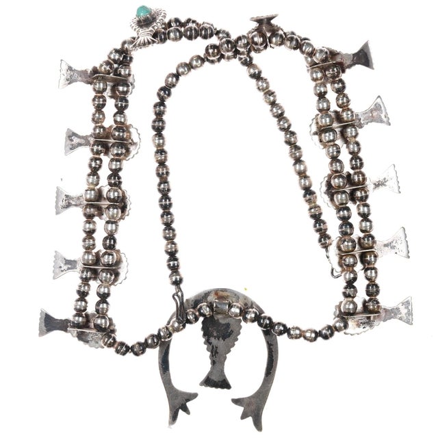 Native American 27" C1960's Native American Cast Silver and Turquoise Squash Blossom Necklace For Sale - Image 3 of 9
