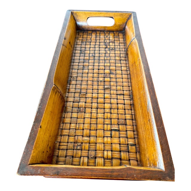 Vintage British Colonial Platter Woven Bamboo Long Bar Tray 17.5" For Sale