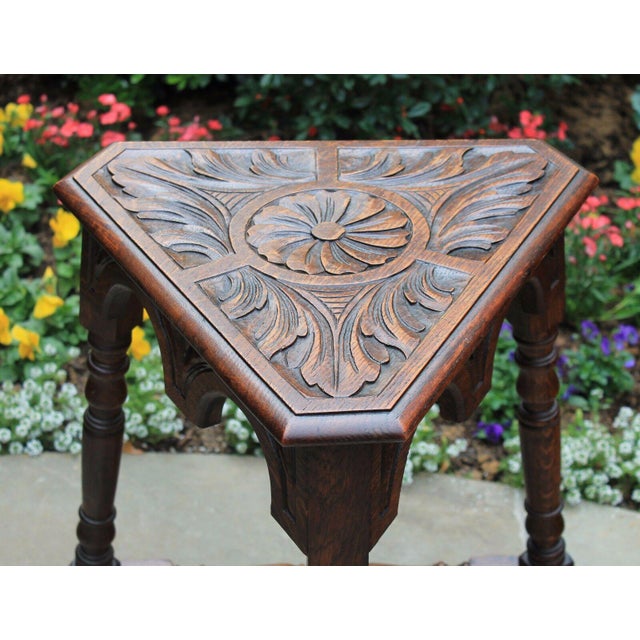Antique English Table Bench Stool Carved Oak Triangular End Table