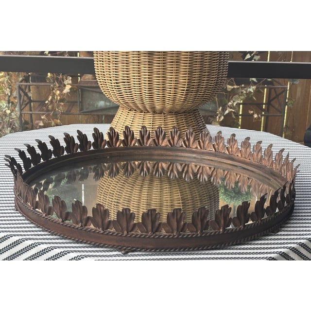 Large Vintage Italian Tole Acanthus Leaf Round Mirrored Tray / Round Mirrored Cocktail Tray For Sale In Little Rock - Image 6 of 17