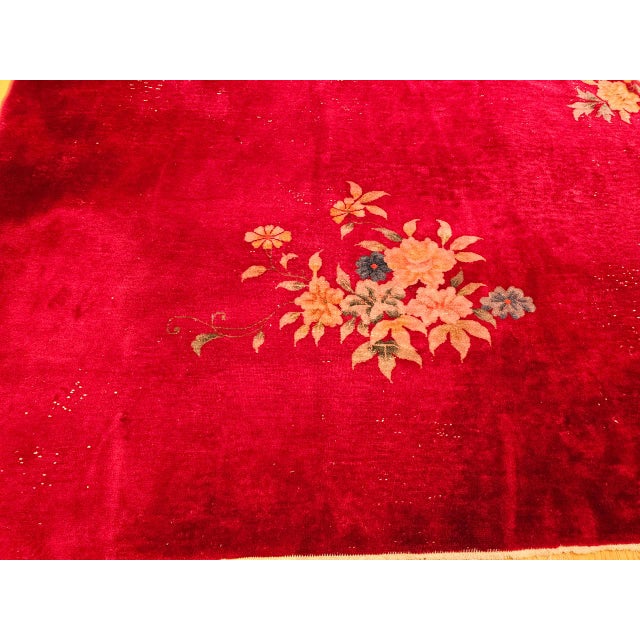 Art Deco Antique Chinese Art Deco Rug, Hand-Knotted Wool, Crimson Floral Design, 10x14 For Sale - Image 3 of 18