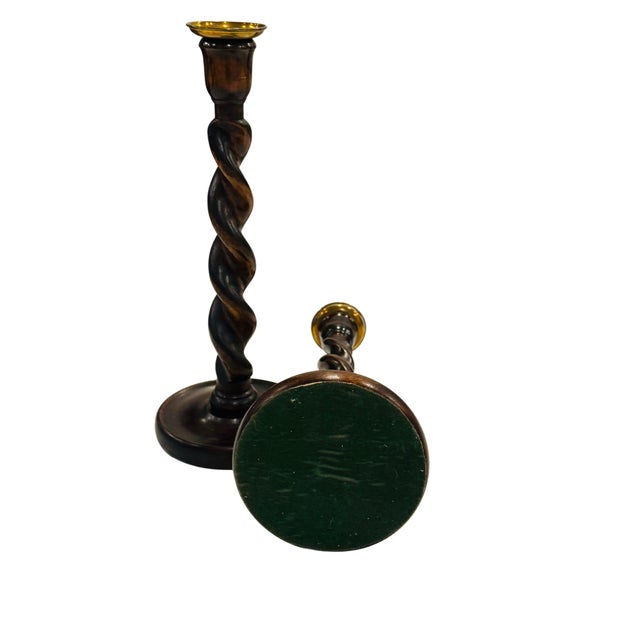 Ralph Lauren Antique English Oak Barley Twist Candlesticks With Brass Bobeches For Sale - Image 4 of 6