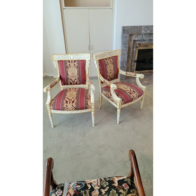 French Late 20th Century Vintage Pair of Bacon Hill Chairs Cream in Maroon and Gold For Sale - Image 3 of 12