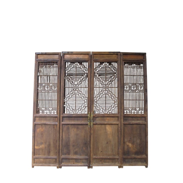Early 18th Century Antique Chinese 4 Panel Lattice Wood Screen Doors For Sale - Image 5 of 15