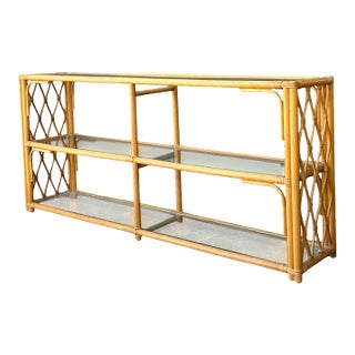 Vintage Trellis Rattan and Glass Console Table For Sale