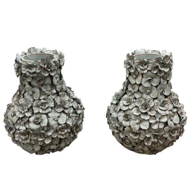 Italian Pair of Vintage Italian Hand-Sculpted Floral Encrusted Ceramic Vases For Sale - Image 3 of 12