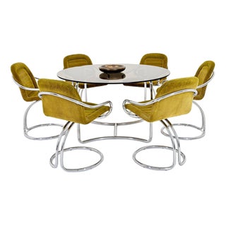 Mid-Century Modern Italian Round Smoked Glass Table and Cantilever Chairs by Gastone Rinaldi, 1970s, Set of 7 For Sale