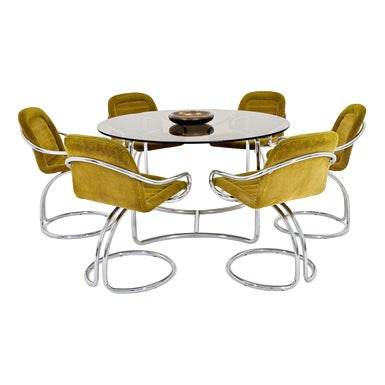 Mid-Century Modern Italian Round Smoked Glass Table and Cantilever Chairs by Gastone Rinaldi, 1970s, Set of 7 For Sale