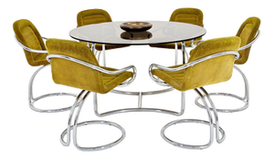 Mid-Century Modern Italian Round Smoked Glass Table and Cantilever Chairs by Gastone Rinaldi, 1970s, Set of 7