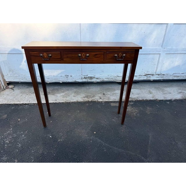 Hepplewhite Late 20th Century Custom Made Mahogany Hepplewhite Style 3 Drawer Console Table For Sale - Image 3 of 18