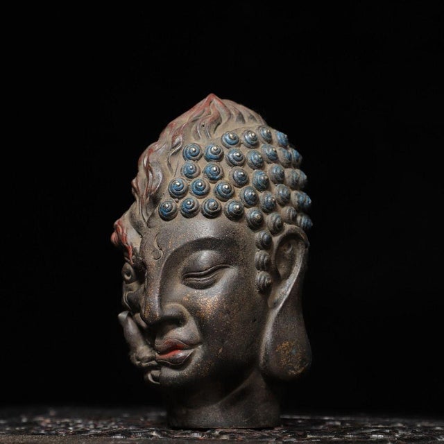 Traditional Vintage Bronze Two-Faced Head Sculpture Buddhist Deity Altar Bust 5.9" For Sale - Image 3 of 9