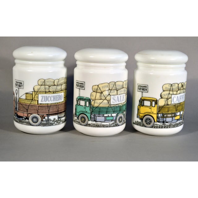 1960s Piero Fornasetti Opaque White Glass Jars and Covers made for Fiat - Set of 6 For Sale - Image 5 of 13