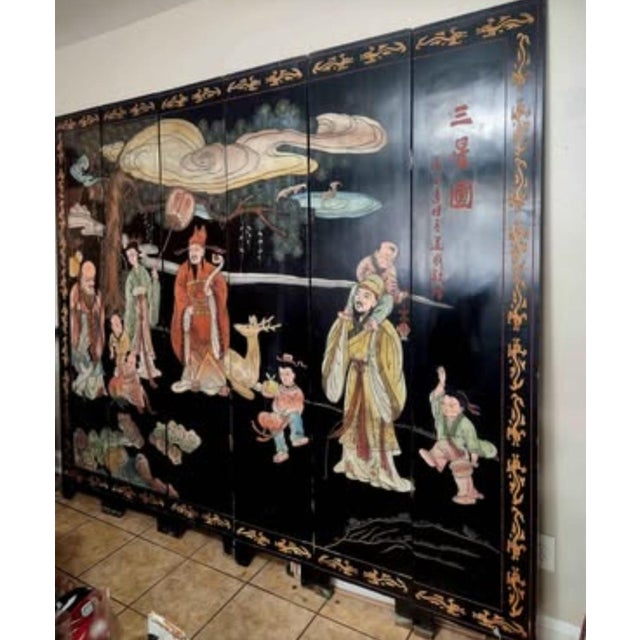 Beautiful large Chinese 6-panel folding screen measuring approximately 7 feet tall and 8 ft across. The screen features a...