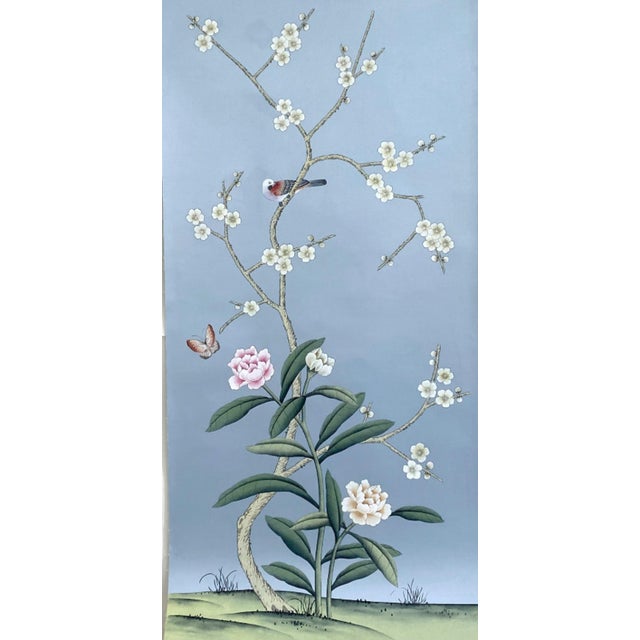 Chinoiserie Hand Painted Soft Blue Chinoiserie Magnolia & Bird Mural 3-Panel Set For Sale - Image 3 of 6