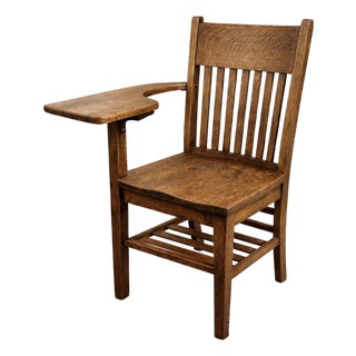 Mid-Century Quarter-Sawn Oak School Desk Chair With Writing Arm & Book Stretcher For Sale