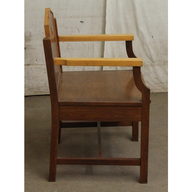 Wood Mid 20th Century Mission Style Wood Chair With Carved Floral Motif For Sale - Image 7 of 8