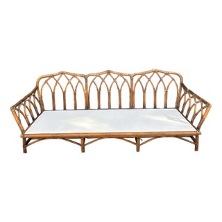 Authentic Vintage 60s McGuire Gothic Rattan Sofa With Placard and Patent Number For Sale