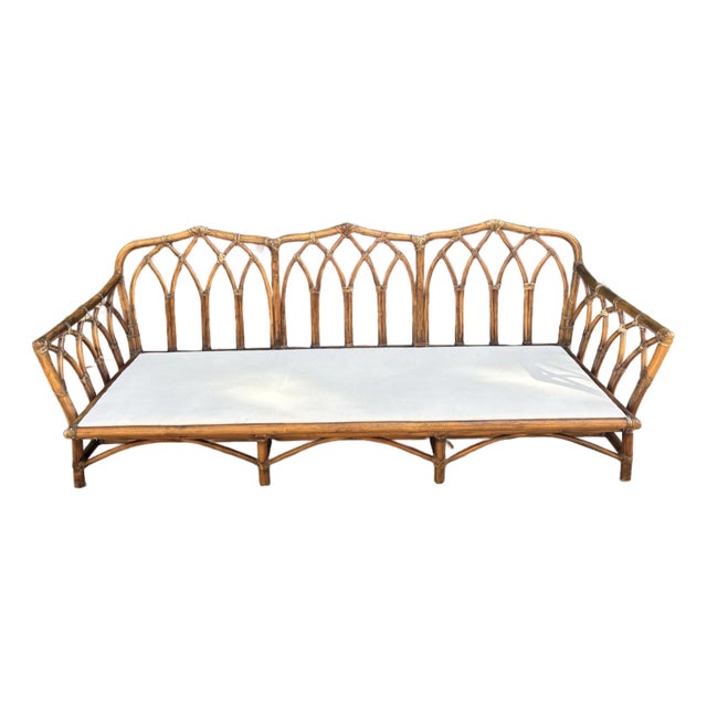 Authentic Vintage 60s McGuire Gothic Rattan Sofa With Placard and Patent Number For Sale